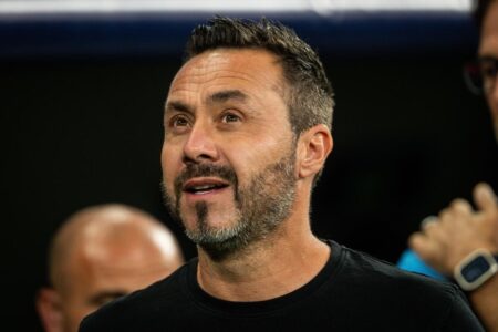 لاعبي توتنهام يحتفلون في الملعب مع شعار النادي، يرمزون إلى حقبة جديدة تحت قيادة روبرتو دي زيربي.